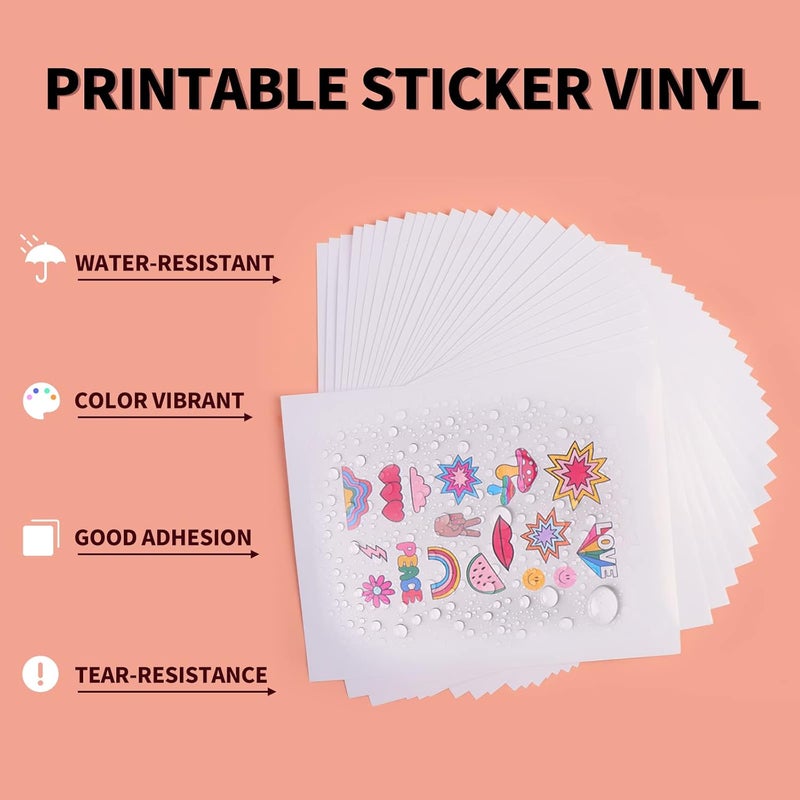 HTVRONT Printable Vinyl Sticker Paper - 30 Sheets Glossy Waterproof Sticker Paper for Inkjet Printer & Laser Printer, Dries Quickly & Tear Resistant 8.5"x11" - Image 2